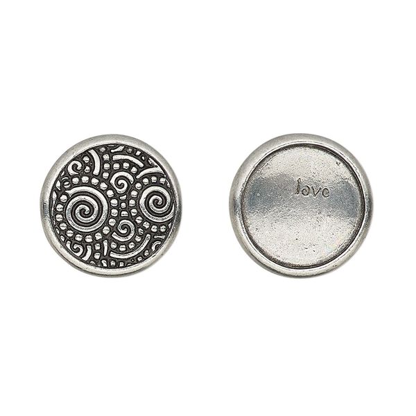 Snap cap, TierraCast®, glue-on, antique pewter (tin-based alloy), 15mm single-sided round with swirl design and "love." Sold per pkg of 2. image number 0