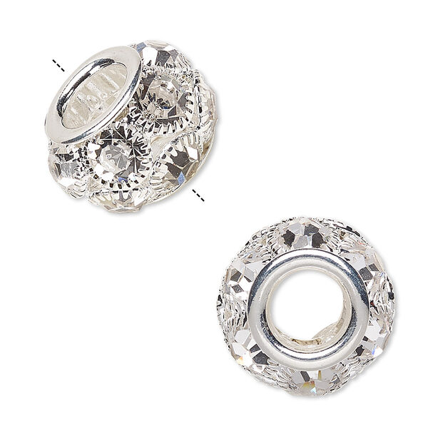 Bead, Egyptian glass rhinestone and silver-plated "pewter" (zinc-based alloy), clear, 18x12mm rondelle with 8mm hole. Sold individually. image number 0