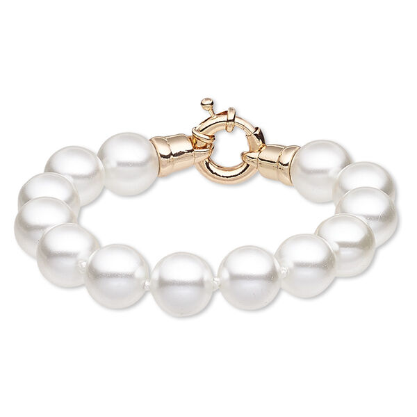 Bracelet, glass pearl and rose gold-finished "pewter" (zinc-based alloy), white, 14mm round, 7 inches with springring clasp. Sold individually. image number 0