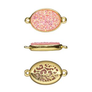 Link, Druzylite™, "druzy" (resin) and gold-finished brass, pink, 15.5x11.5mm two-sided oval with open filigree back. Sold per pkg of 4.