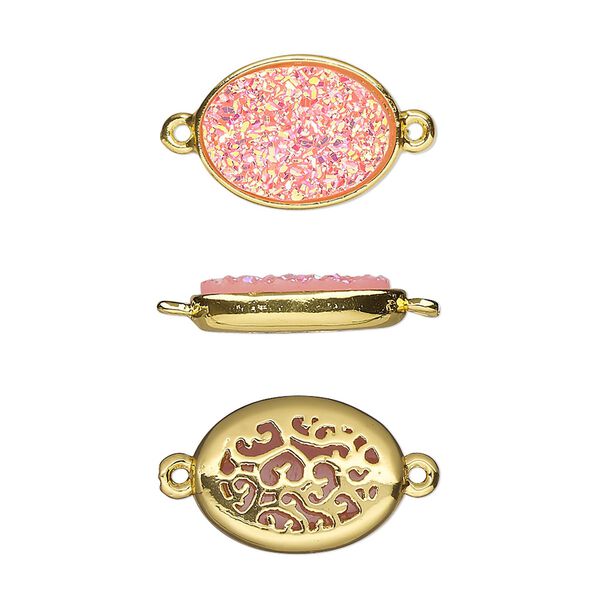 Link, Druzylite™, "druzy" (resin) and gold-finished brass, pink, 15.5x11.5mm two-sided oval with open filigree back. Sold per pkg of 4. image number 0
