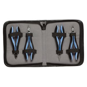 Pliers, Lindstrom® RX series, round-nose / flat-nose / chain-nose / flush-cutter, steel / plastic / rubber, blue and black, 5-1/4 to 5-3/4 inches with case. Sold per 4-piece set.