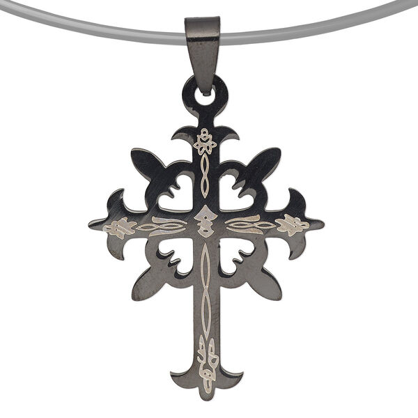 Pendant, stainless steel and enamel, black, 40x29mm single-sided cross. Sold individually. image number 0