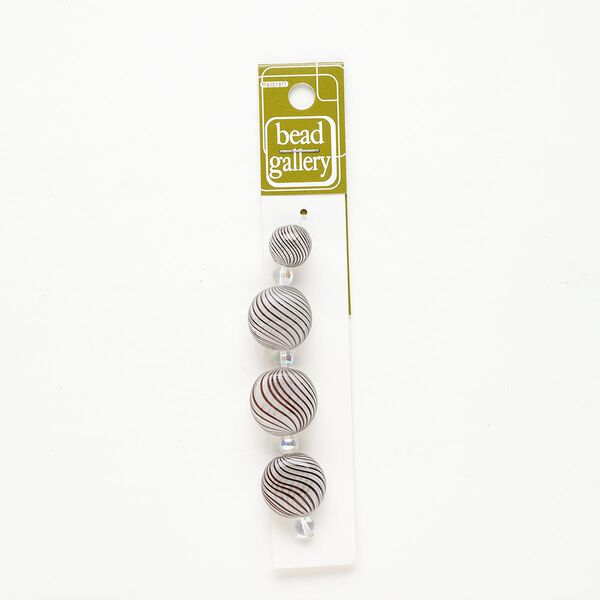 Bead 1pkg4 handblown glass, 11-13mm round / 19-20mm puffed flat oval / line design, assortment translucent clear / brown image number 0