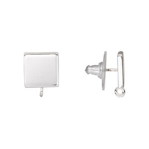 Earstud 1pkg4 silver-plated, 10mm square / open loop / comfort clutch earnuts, stainless steel / steel 2 pair