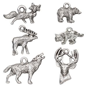 Charm, antique silver-plated pewter (tin-based alloy), 14.5x9.5mm-26.5x19mm 3D and two-sided assorted wildlife. Sold per pkg of 6.