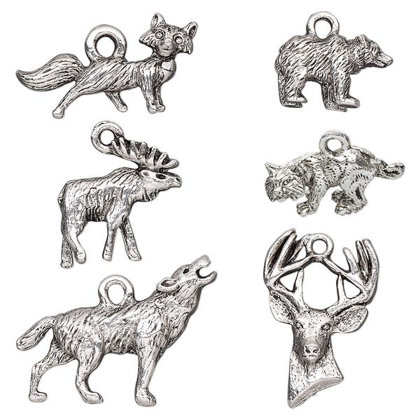 Charm, antique silver-plated pewter (tin-based alloy), 14.5x9.5mm-26.5x19mm 3D and two-sided assorted wildlife. Sold per pkg of 6. image number 0