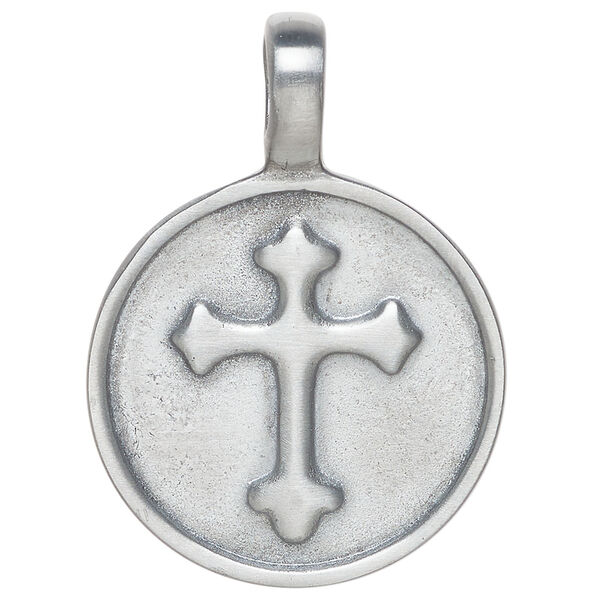 Pendant 1pkg1 "pewter" (zinc alloy), 43x31mm 1sided round with cross design. image number 0
