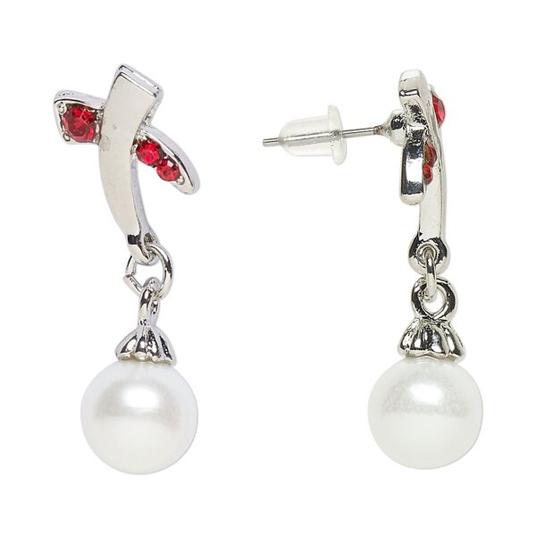 Earring, Everyday Jewelry, antique silver-finished "pewter" (zinc-based alloy) / glass / acrylic pearl, red and white, 34mm with post. Sold per pair. image number 0