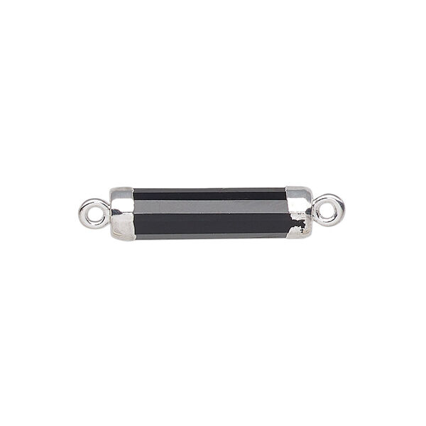 Link, black onyx (dyed) / electroplated silver / silver-plated sterling silver, 20x5mm-21x6mm hand-cut faceted tube. Sold individually. image number 0