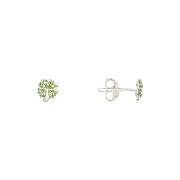 Earstud sterling silver / Preciosa crystal 1pkg2, 6x5mm 4-leaf clover / earnuts included, Create Compliments® peridot 1 pair image number 0