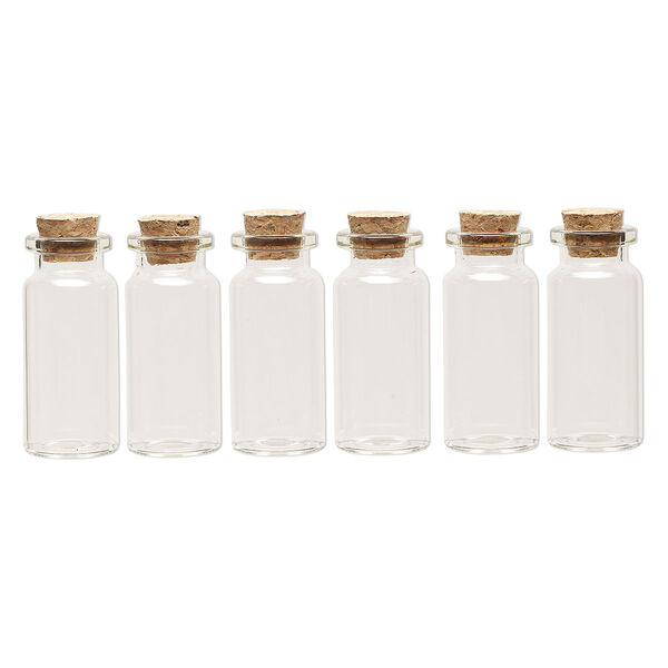 Component, glass and cork, clear, 50x22mm bottle with stopper. Sold per pkg of 6. image number 1