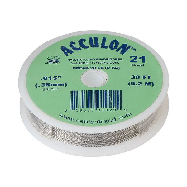 Beading wire, Acculon®, nylon-coated stainless steel, clear, 21 strand, 0.015-inch diameter. Sold per 30-foot spool. image number 0