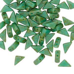 Bead, Tango™, Czech pressed glass, opaque Picasso green turquoise, 8x6x6mm triangle with (2) 0.7-0.8mm holes. Sold per 10-gram pkg, approximately 65 beads.