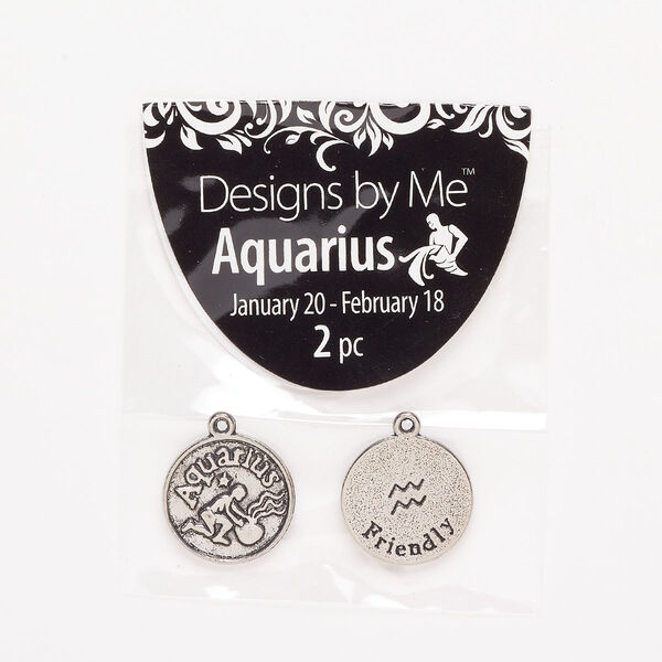 "Pewter" (zinc-based alloy) / enamel 1pkg2, 2-sided round charm / Aquarius / "Friendly" antique silver-finish / black 17mm image number 0