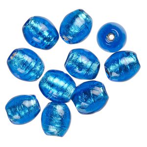 Bead, lampworked glass, opaque turquoise blue, 13x10mm-10x9mm oval with silver-colored foil. Sold per pkg of 10.