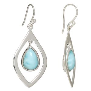 Earring, larimar (natural) and sterling silver, 47.5mm with 12x8mm teardrop and fishhook ear wire, 21 gauge. Sold per pair.