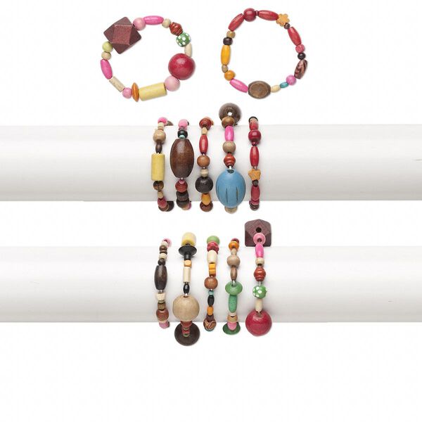 Bracelet mix, stretch, wood (natural / dyed), mixed colors, 15-18mm wide, 5-21mm assorted shape, 6 inches. Sold per pkg of 5. image number 0