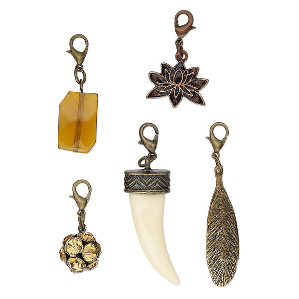 Focal / drop / charm, Charmed, glass rhinestone / resin / antique copper- / brass-finished "pewter" (zinc-based alloy), white and yellow, 13mm-39x11mm assorted shape with 6mm jump ring and lobster clasp. Sold per 5-piece set. image number 0