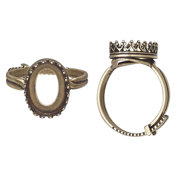 Ring, JBB Findings, antiqued brass, 15.5mm wide with decorative trim and 14x10mm oval bezel setting, adjustable from size 8-11. Sold individually. image number 0