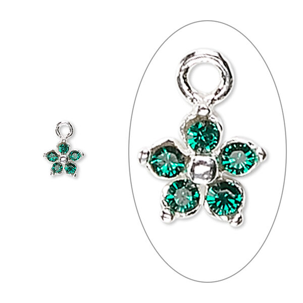 Charm, Preciosa crystal and sterling silver, emerald green, 6mm single-sided flower. Sold per pkg of 2. image number 0