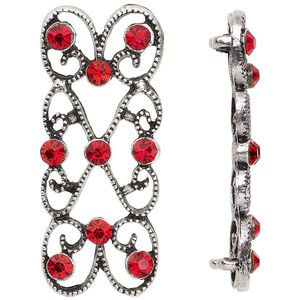 Spacer, antiqued silver-finished "pewter" (zinc-based alloy) and Czech glass rhinestone, light Siam, 39x18mm 2-strand fancy rectangle. Sold per pkg of 4.