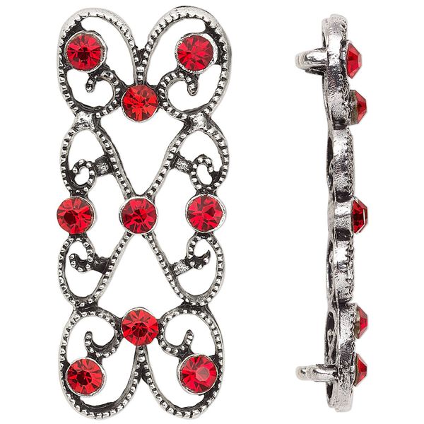 Spacer, antiqued silver-finished "pewter" (zinc-based alloy) and Czech glass rhinestone, light Siam, 39x18mm 2-strand fancy rectangle. Sold per pkg of 4. image number 0