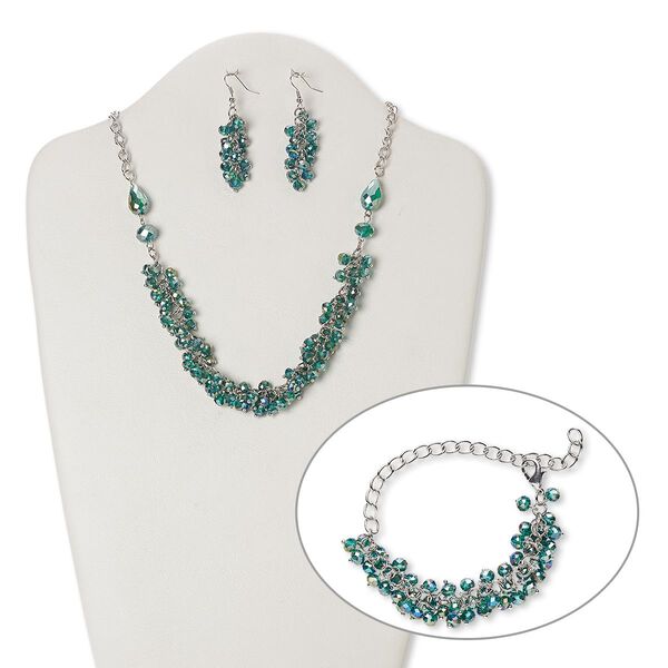 Necklace, bracelet and earring set, glass with silver-plated steel and brass, turquoise blue AB, rondelle, 20 inches with 2-inch extender chain and lobster claw clasp, 7-inch bracelet, 2-1/4 inch earrings with fishhook ear wire. Sold per set. image number 0