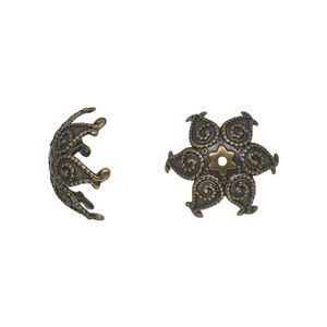 Bead cap, antique gold-plated brass, stamped, 15x7mm fancy star with swirl design, fits 15-20mm bead. Sold per pkg of 20.