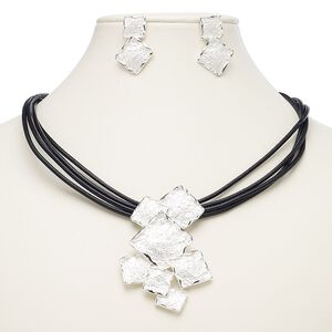 Necklace and earring set, 5-strand, leather (dyed) / imitation rhodium-plated brass / steel / "pewter" (zinc-based alloy), silver and black, 2-3/4 x 1-3/4 inch matte and shiny squares, 18-inch necklace with 2-inch extender chain and lobster claw clasp, 32mm earrings with post. Sold per set.