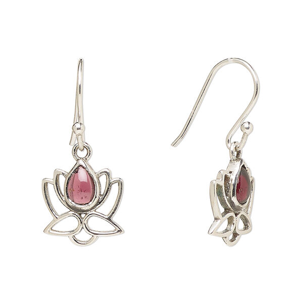 Ear wire, Create Compliments®, antiqued sterling silver and garnet (natural), fishhook, 26.5mm with 12mm single-sided open lotus, 21 gauge. Sold per pair. image number 0