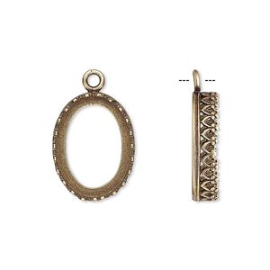 Drop, JBB Findings, antiqued brass, 18x14mm oval with open back and decorative trim, 16x12mm oval bezel setting. Sold per pkg of 2.