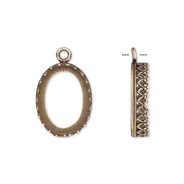 Drop, JBB Findings, antiqued brass, 18x14mm oval with open back and decorative trim, 16x12mm oval bezel setting. Sold per pkg of 2. image number 0