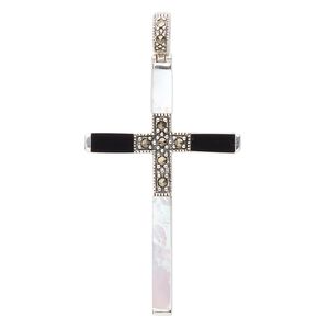 Black onyx / sterling silver / mother-of-pearl 1pkg1, cross pendant 40x25mm