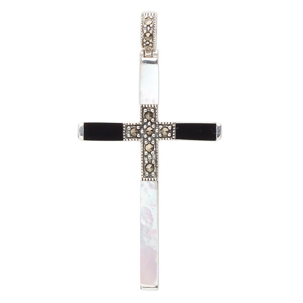Black onyx / sterling silver / mother-of-pearl 1pkg1, cross pendant 40x25mm image number 0