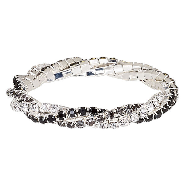 Bracelet, stretch, glass rhinestone and silver-plated brass, clear / black / smoky grey, 9mm wide braided cupchain, 7 inches. Sold individually. image number 0