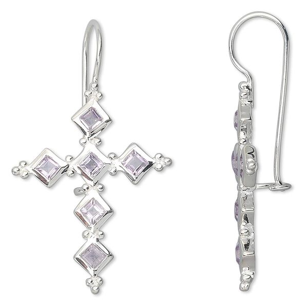 Earring, sterling silver and amethyst (natural), 3mm faceted square, 41x24mm cross. Sold per pair. image number 0