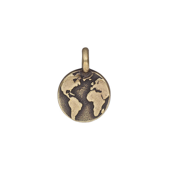 Drop, TierraCast®, antique brass-plated pewter (tin-based alloy), 12mm single-sided round with Earth. Sold per pkg of 20. image number 0