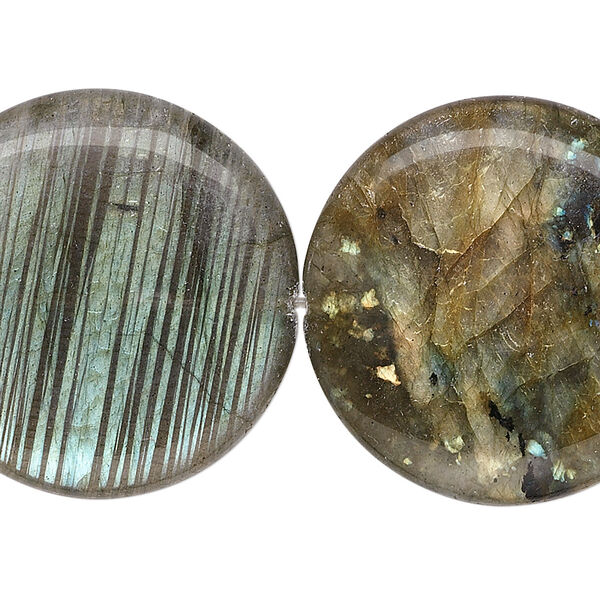 Bead, labradorite (natural), 30mm flat round, A- grade, Mohs hardness 6 to 6-1/2. Sold per 8-inch strand, approximately 5 beads. image number 0