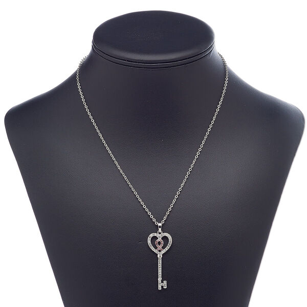 Necklace, glass rhinestone / imitation rhodium-plated brass / steel / "pewter" (zinc-based alloy), clear and pink, 43x18mm key with awareness ribbon, 18 inches with 3-inch extender chain and lobster claw clasp. Sold individually. image number 0