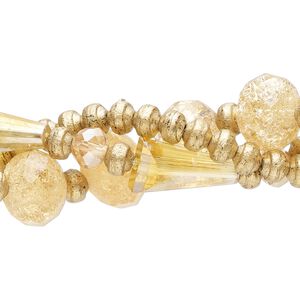 Bead 1pkg3, crackle glass, gold, 5x4mm-16x8mm mixed shapes. 7-inch strands, approximately 100 beads.