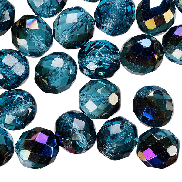 Bead 1pkg40 Czech fire-polished glass, teal blue iris, 10mm faceted round. image number 0