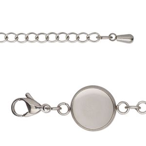 Bracelet, stainless steel, 14mm wide with (9) 12mm round settings, 8 inches with 2-inch extender chain and lobster claw clasp. Sold individually.