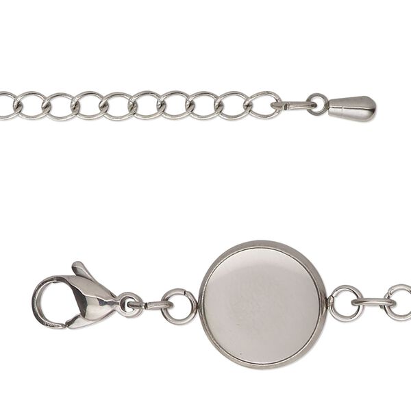 Bracelet, stainless steel, 14mm wide with (9) 12mm round settings, 8 inches with 2-inch extender chain and lobster claw clasp. Sold individually. image number 0