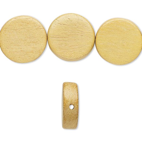 Bead, wood (waxed), 14-15mm hand-cut flat round. Sold per 15-1/2" to 16" strand. image number 0