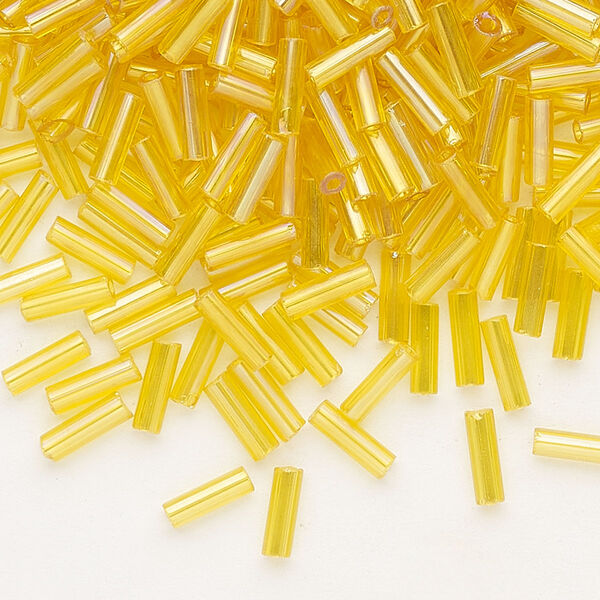 Bead, Preciosa Ornela Czech glass, bugle bead, pkg/500g, 1/4 inch, rainbow translucent yellow amber, (81010). image number 0
