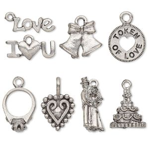 Charm set, antiqued pewter (tin-based alloy), 9x6mm-19.5x15mm wedding theme. Sold per 8-piece set.