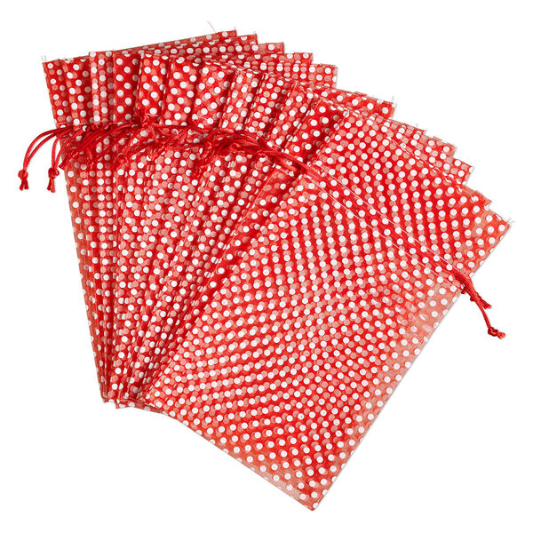 Pouch, organza, red and white, 10x6 inches with dots pattern and drawstring closure. Sold per pkg of 12. image number 0