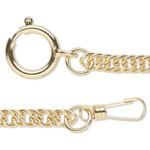 Chain, pocket watch, gold-finished steel, 5.5mm double rope, 16 inches with springring and snap hook clasp. Sold individually.