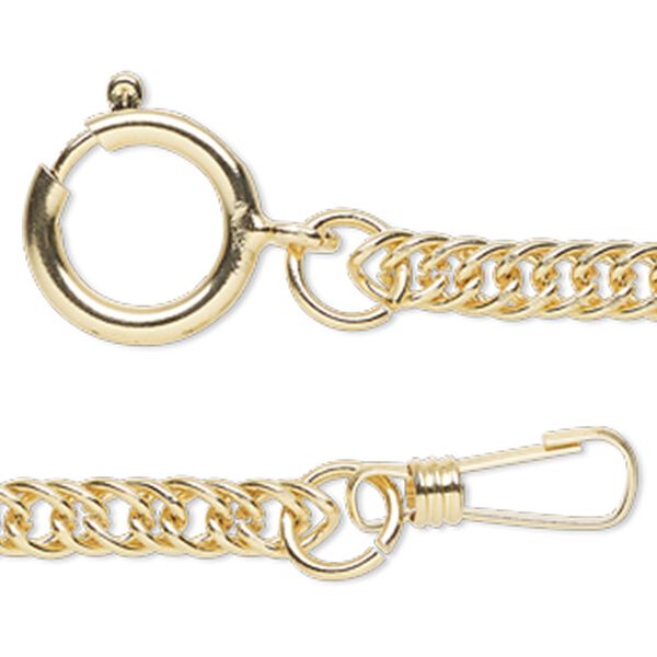 Chain, pocket watch, gold-finished steel, 5.5mm double rope, 16 inches with springring and snap hook clasp. Sold individually. image number 0